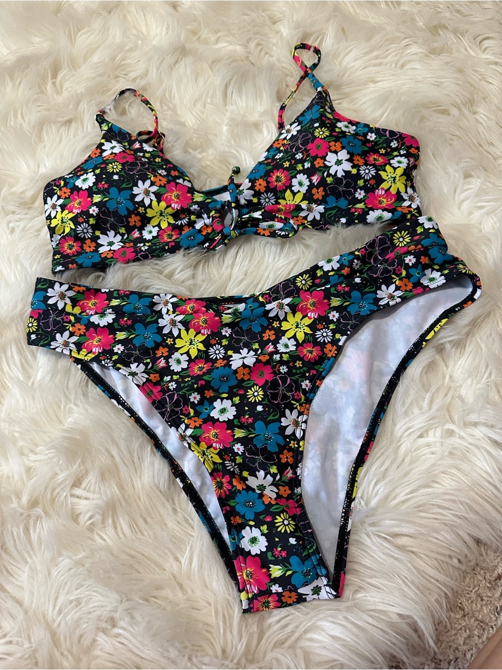 Floral Black High-Waist Bikini Set - Vibrant Multi-Color Flowers